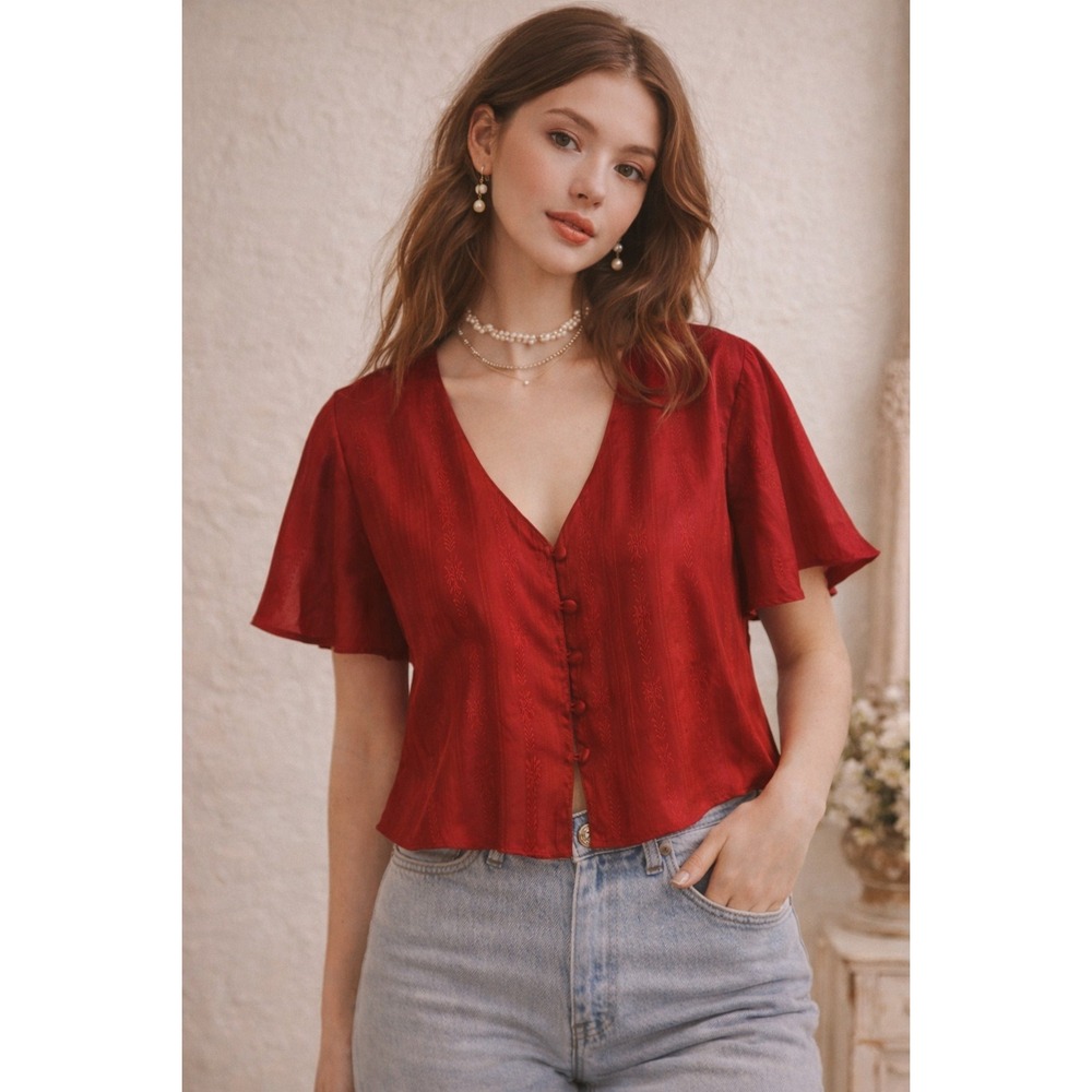 Vintage Victoria's Secret Red Satin Jacquard Y2K Coquette Romantic Blouse Top